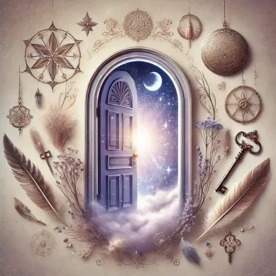Dall e 2025 04 18 18 25 06 a symbolic and mystical image in a spiritual boutique style featuring a mysterious door opening into the beyond the door is slightly open revealing